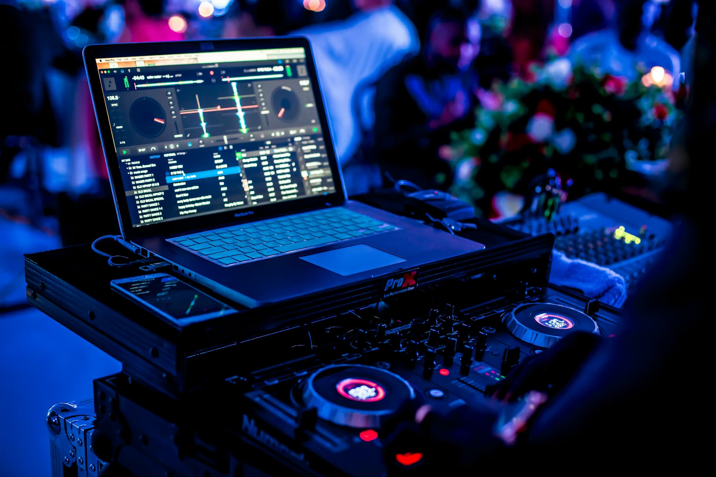Wedding DJ deck set up in front of dance floor