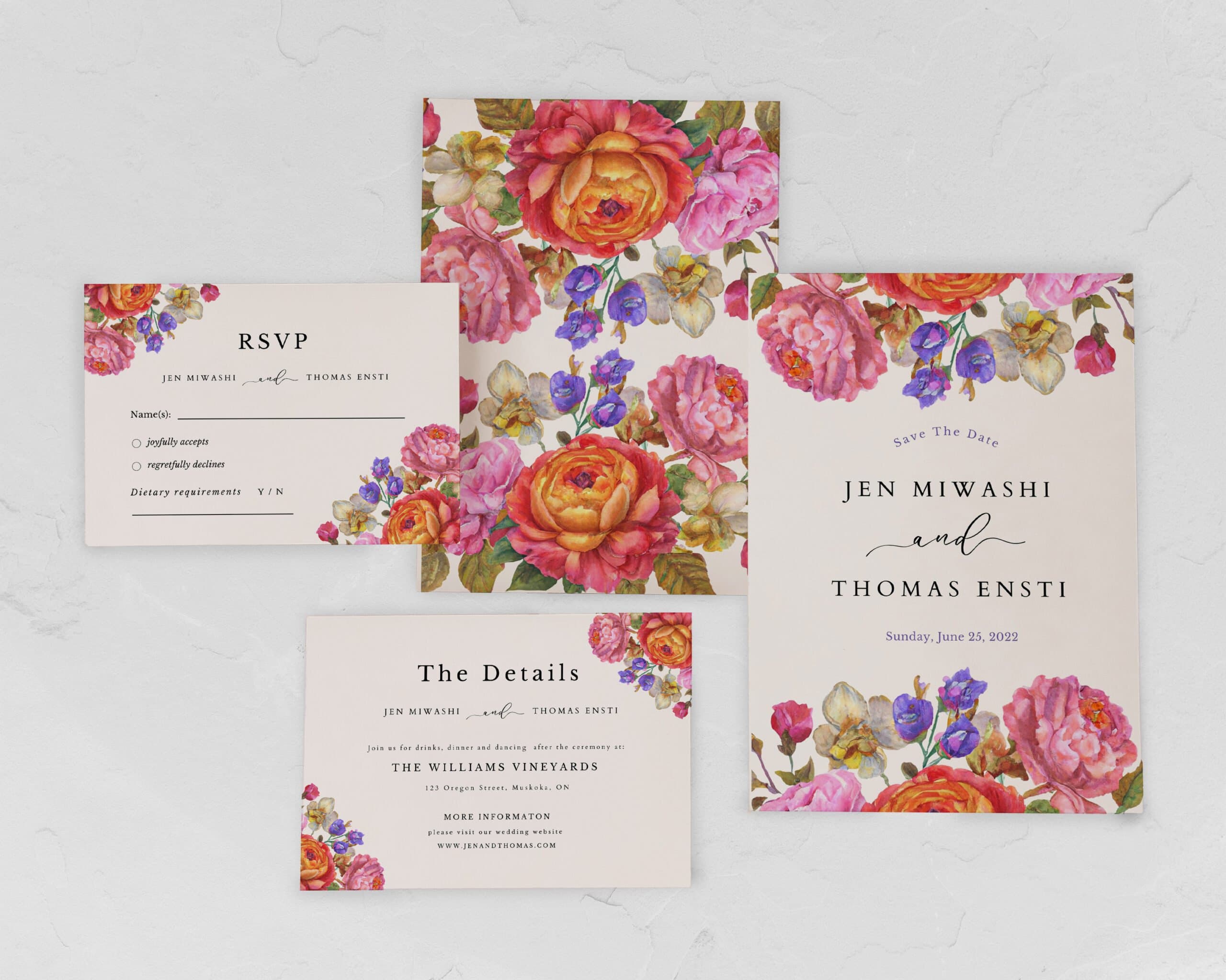 Floral wedding invitation with details and RSVP card designed by Paldies Studio, Windsor, ON and Riga, LV