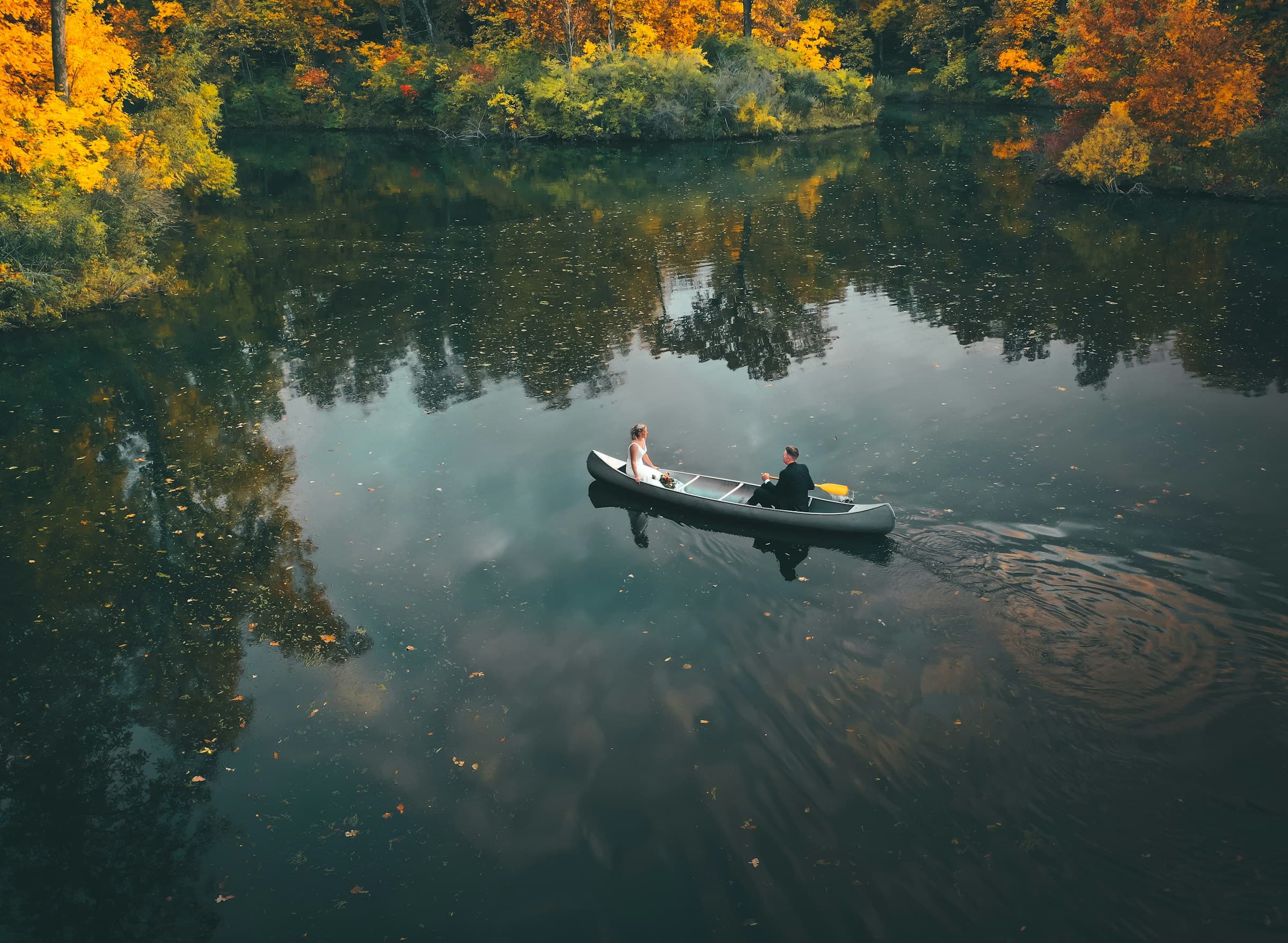 Intimate overhead view of couple in canoe padding on peaceful lake