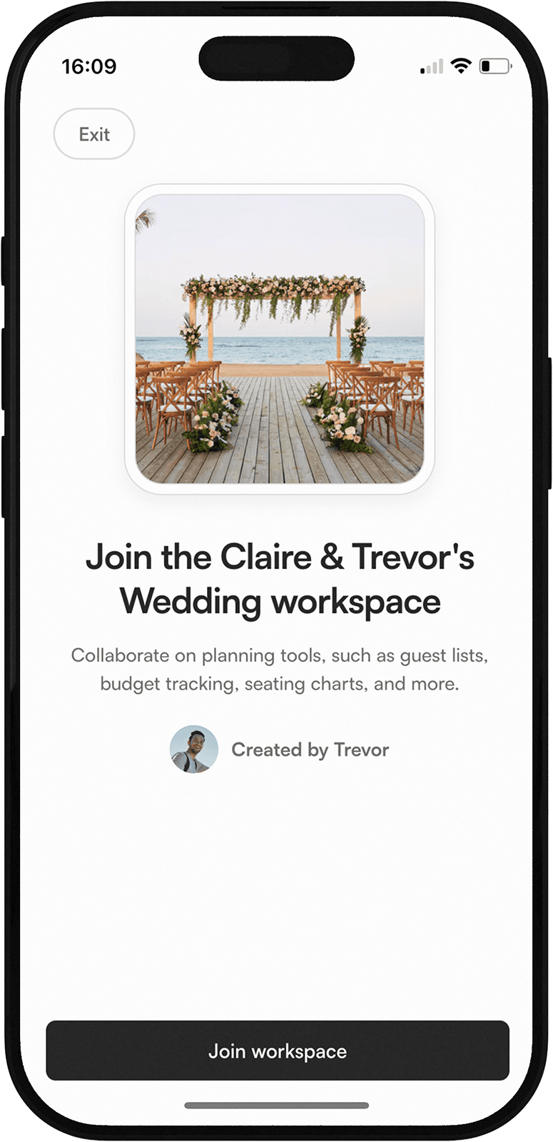 Wedding workspace invitation interface