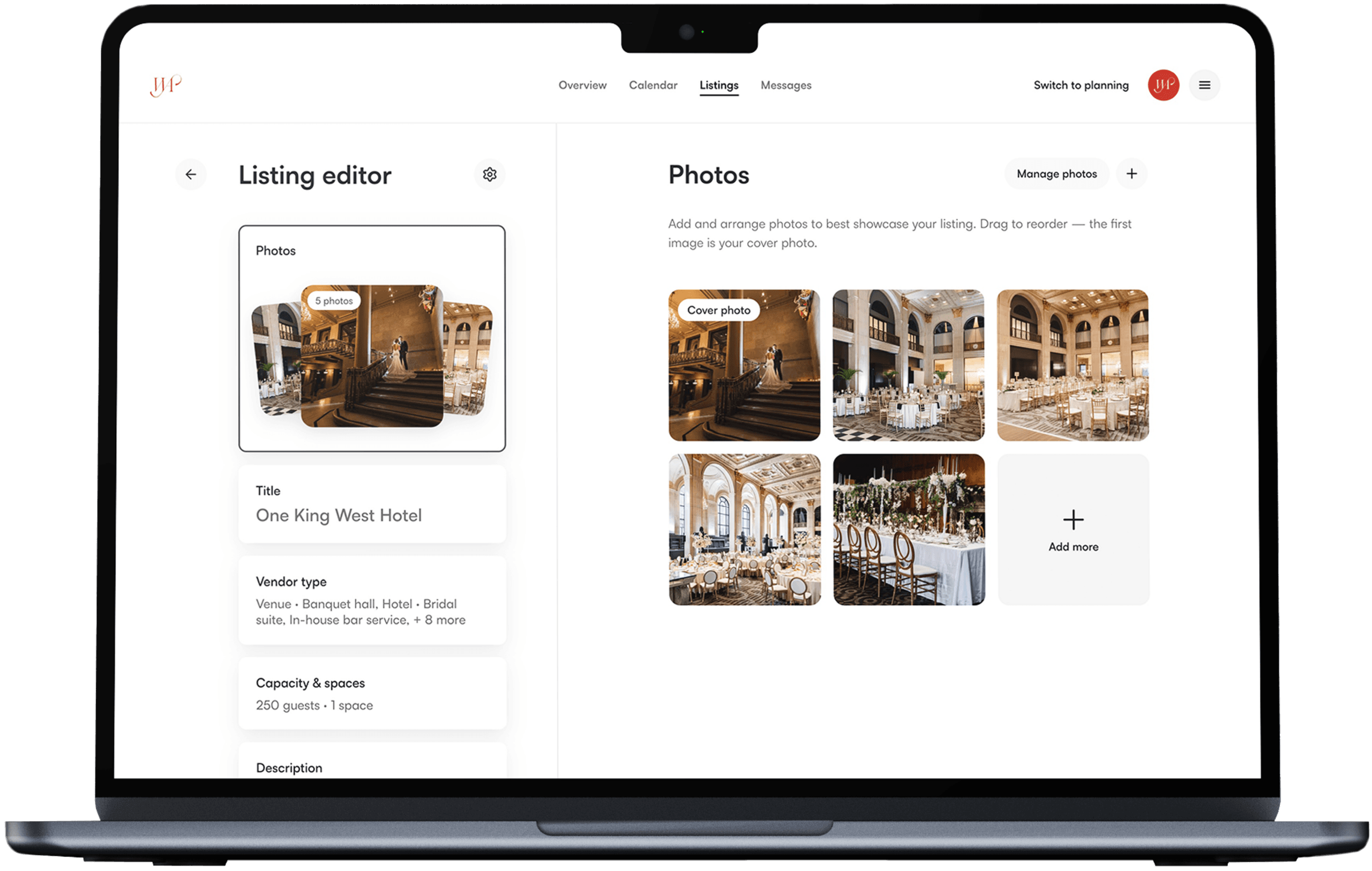 Redesigned vendor editor tools showing listing photo management